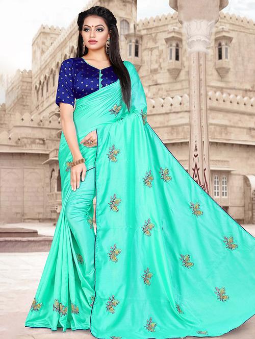 turquoise conversational embroidered saree with blouse - 15673918 - Very Small Image - 1
