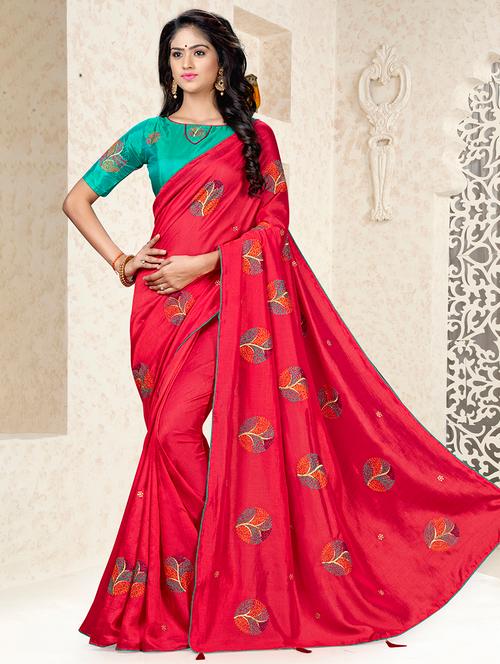 coral red embroidered saree with blouse - 15673923 - Very Small Image - 1