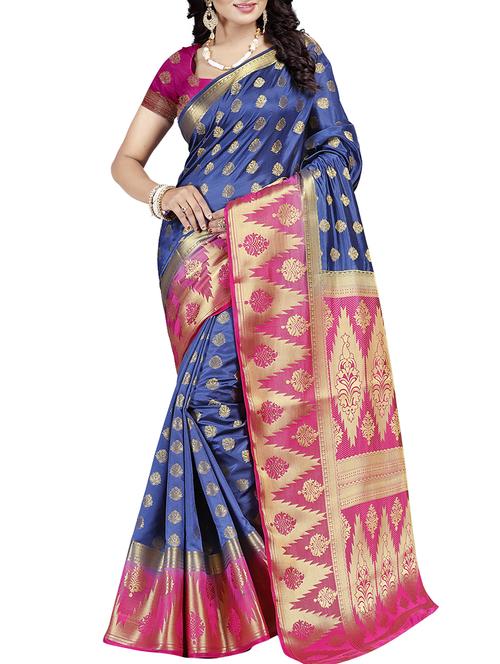 temple zari border banarasi saree with blouse - 15675420 - Very Small Image - 1