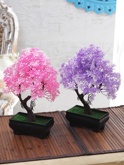 combo of two y shaped bonsai trees with green, yellow and orange flowers in brown pot by foliyaj - 15676318 - Very Small Image - 1