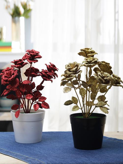 combo of 2 spray painted artificial red and gold rose plants by foliyaj - 15676330 - Very Small Image - 1