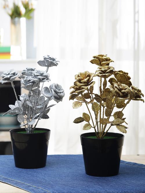 combo of 2 spray painted artificial silver and gold rose plants by foliyaj - 15676331 - Very Small Image - 1