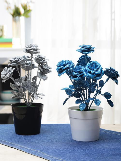 combo of 2 spray painted artificial silver and blue rose plants by foliyaj - 15676332 - Very Small Image - 1