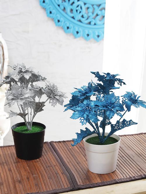 combo of 2 spray painted artificial silver and blue holly leaves plants by foliyaj - 15676344 - Very Small Image - 1
