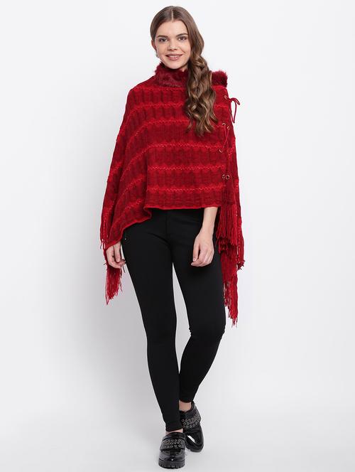 eyelet lace-up faux fur detail poncho - 15676349 - Very Small Image - 1