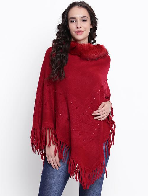fringed hem fur detail embellished poncho - 15676393 - Very Small Image - 1