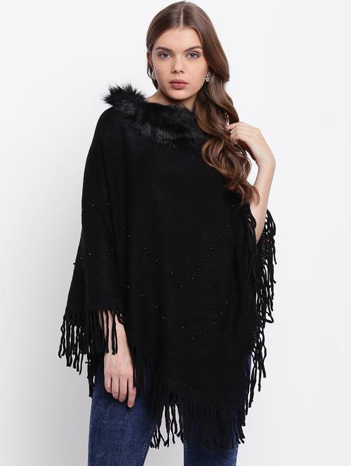 fringed hem fur detail embellished poncho - 15676394 - Very Small Image - 1