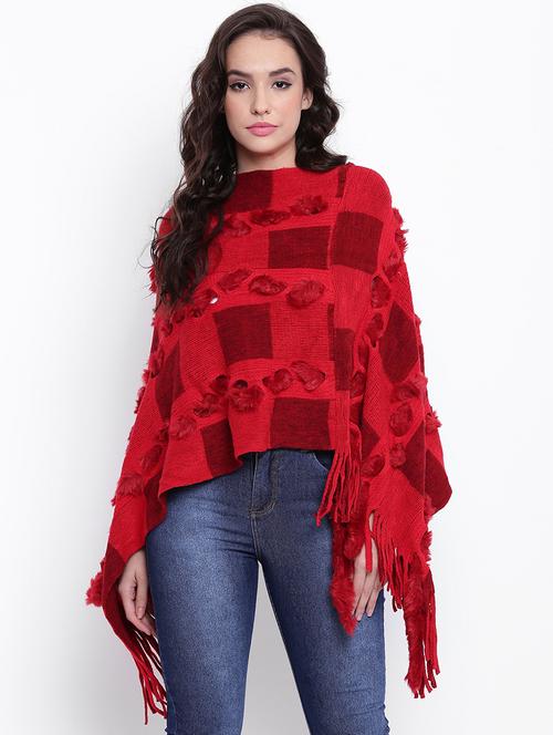 fringed hem fur detail poncho - 15676403 - Very Small Image - 1