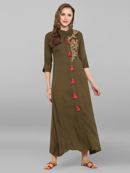 embroidered a-line kurta with tassels - 15676544 - Very Small Image - 1