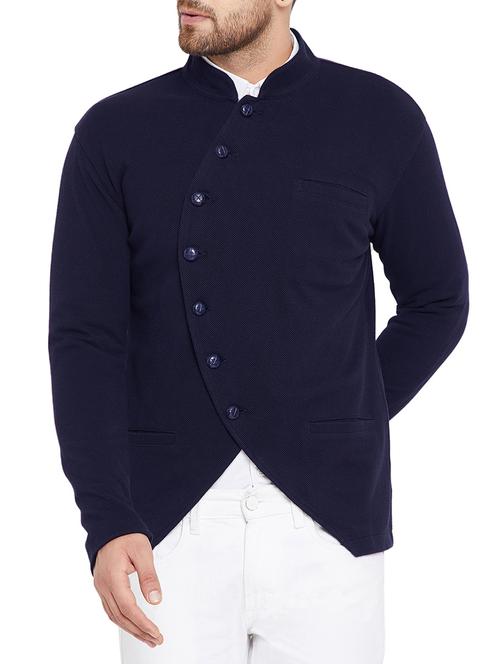 blue solid bandhgala casual blazer - 15678074 - Very Small Image - 1