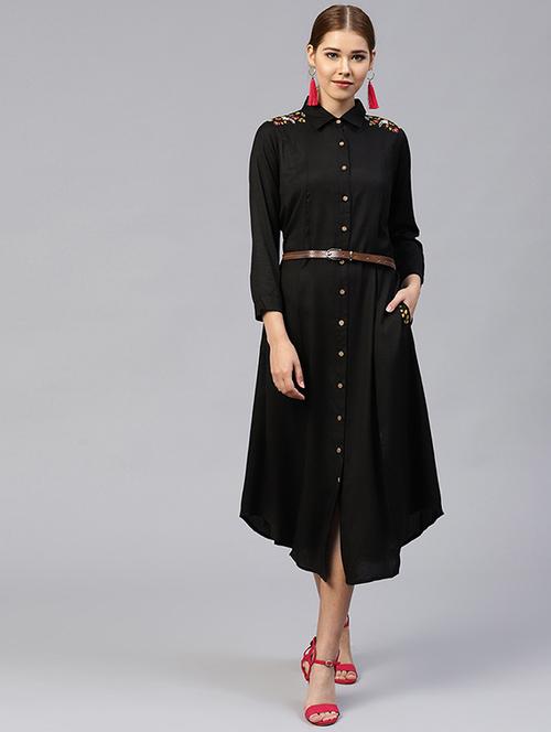 curved hem embroidered belted dress - 15679028 - Very Small Image - 1
