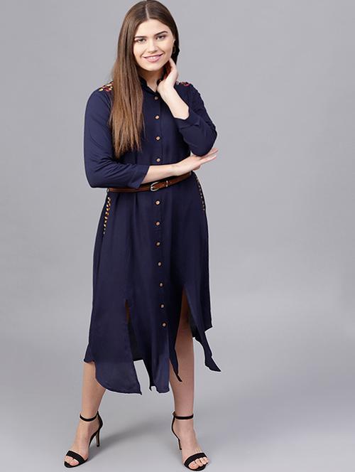 curved hem embroidered belted dress - 15679041 - Very Small Image - 1