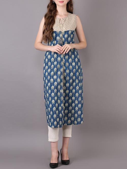 teal slit printed straight kurta - 15680409 - Very Small Image - 1