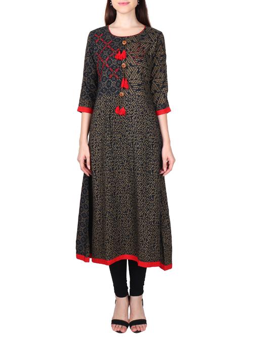 a-line printed kurta with tassels - 15680823 - Very Small Image - 1