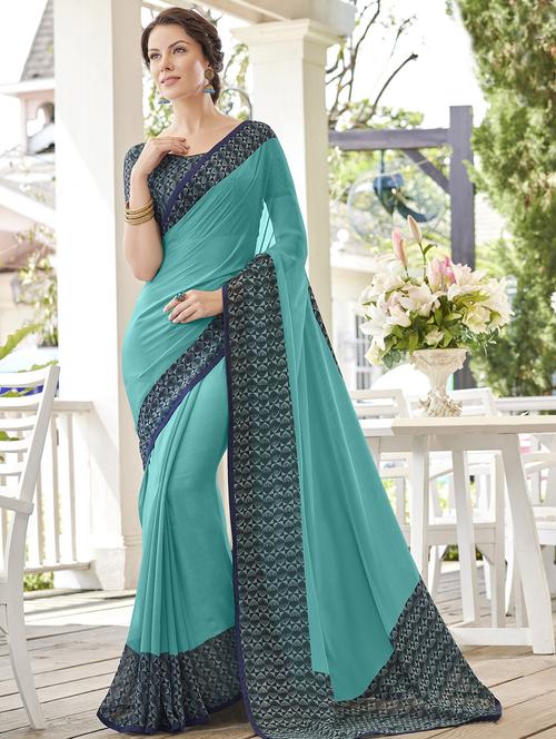 contrast bordered saree with blouse - 15680830 - Very Small Image - 1