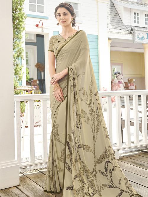 contrast bordered printed saree with blouse - 15680831 - Very Small Image - 1