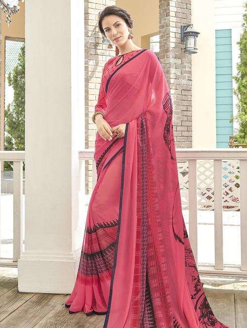 contrast bordered printed saree with blouse - 15680837 - Very Small Image - 1