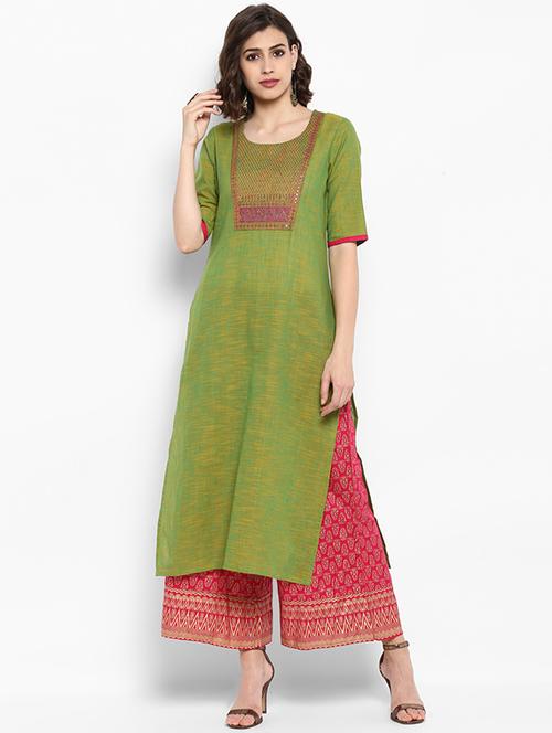embroidered yoke kurta with foil printed palazzo set - 15681371 - Very Small Image - 1