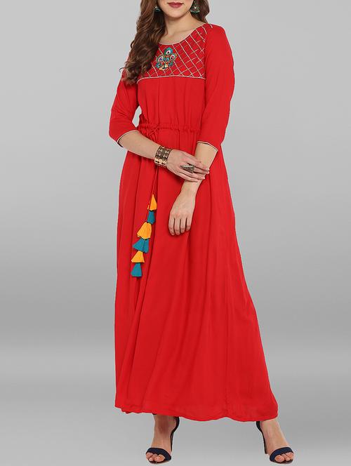 embroidered a-line kurta with tassels - 15691424 - Very Small Image - 1