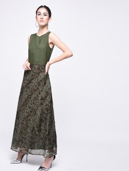 olive green abstract print maxi dress - 15691999 - Very Small Image - 1
