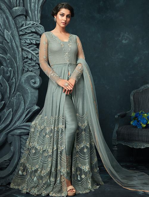 tonal embroidered front slit kalidaar suit set - 15692207 - Very Small Image - 1