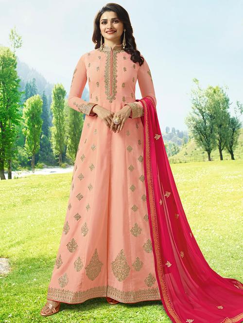 embroidered silk front slit anarkali suit set - 15692222 - Very Small Image - 1