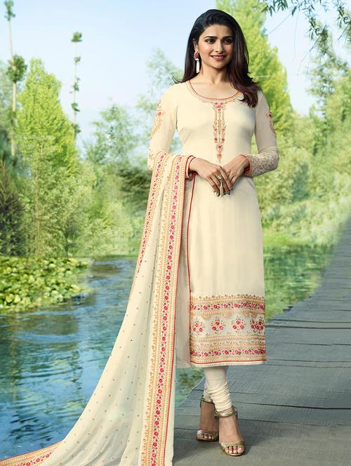 cream georgette semistitched suit - 15692239 - Very Small Image - 1