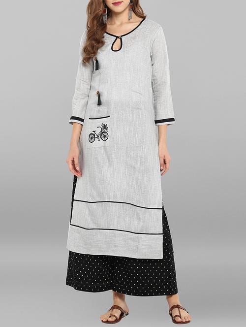 embroidery patch pocket kurta with palazzo set - 15692315 - Very Small Image - 1