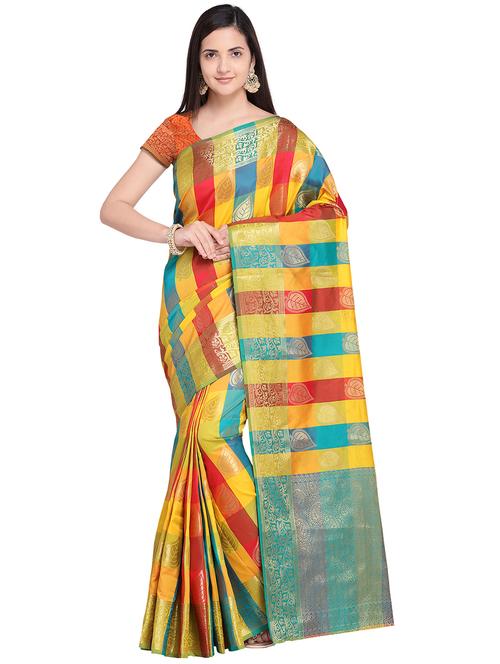 contrast checkered banarasi saree with blouse - 15692599 - Very Small Image - 1