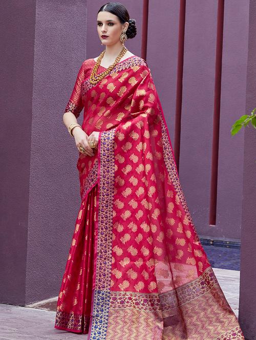 floral zari motif banarasi saree with blouse - 15692608 - Very Small Image - 1