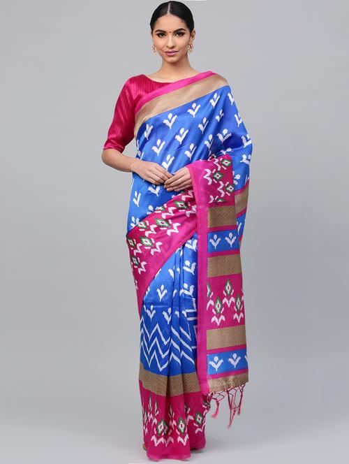 ikat blue printed saree with blouse - 15692617 - Very Small Image - 1