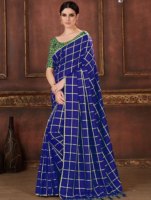 checkered navy printed saree - 15693881 - Very Small Image - 1