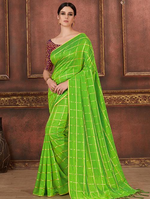 checkered green printed saree - 15693886 - Very Small Image - 1