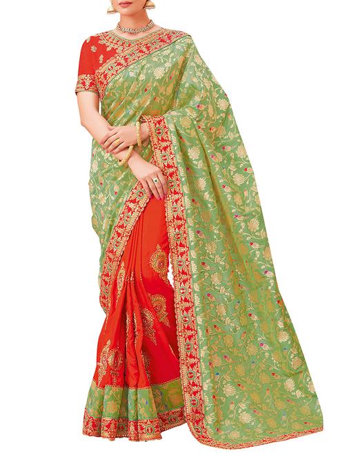 floral embroidered half and half saree with blouse - 15694183 - Very Small Image - 1