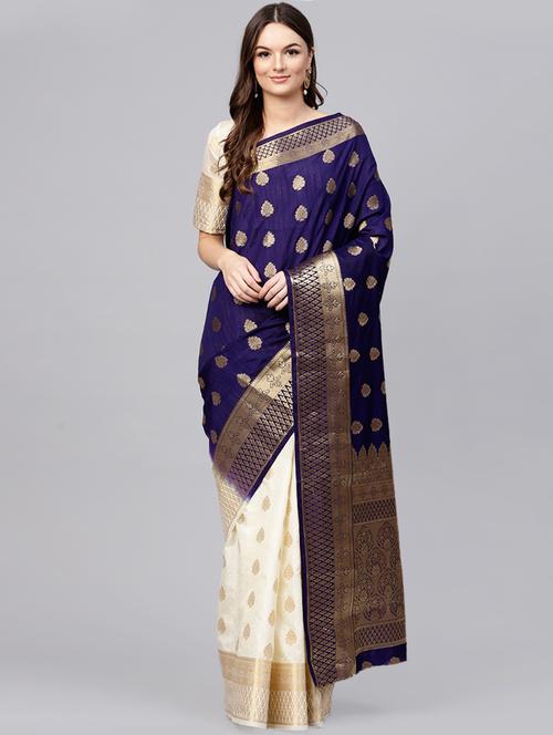 half & half zari banarasi saree with blouse - 15694882 - Very Small Image - 1