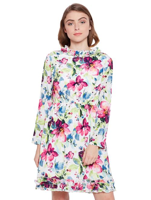frilled neck floral a-line dress - 15695451 - Very Small Image - 1