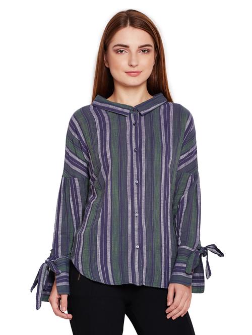 tie up sleeved striped shirt - 15695537 - Very Small Image - 1