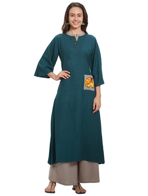 teal embroidered straight kurta - 15695690 - Very Small Image - 1