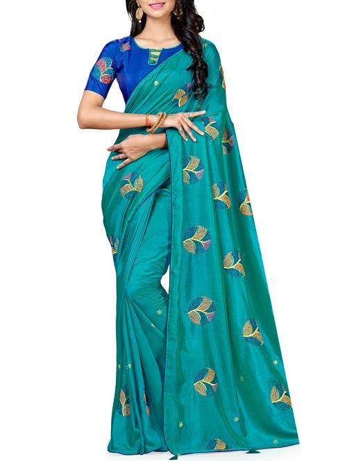 turquoise silk embroidered saree with blouse - 15697082 - Very Small Image - 1