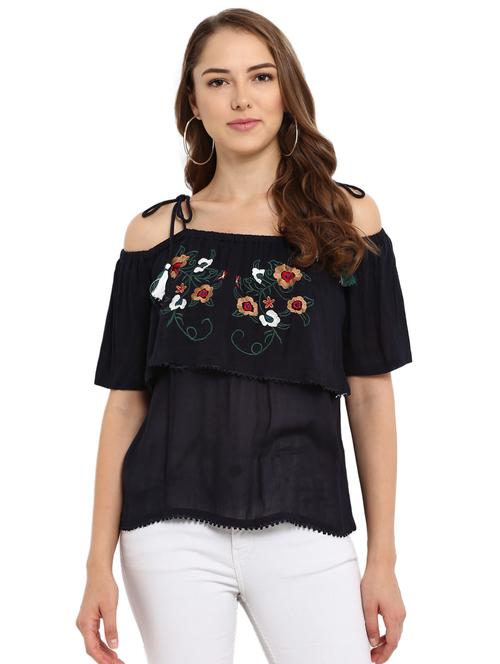tie up shoulder embroidered overlay top - 15697102 - Very Small Image - 1
