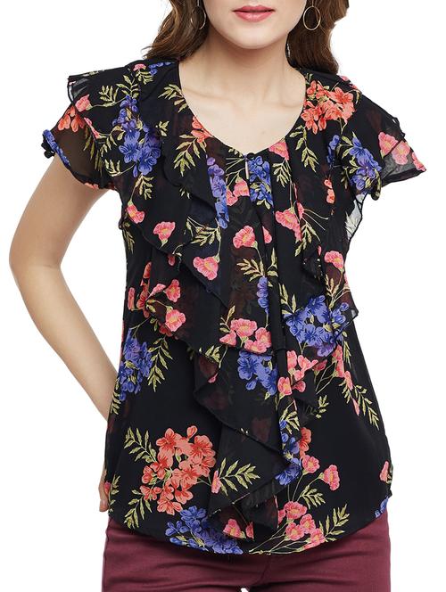 keyhole neck floral ruffled top - 15697392 - Very Small Image - 1