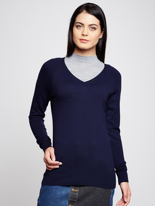 navy v-neck woolen pullover - 15697992 - Very Small Image - 1