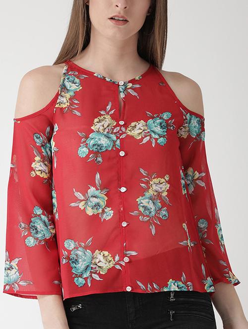cold shoulder floral button up top - 15698686 - Very Small Image - 1