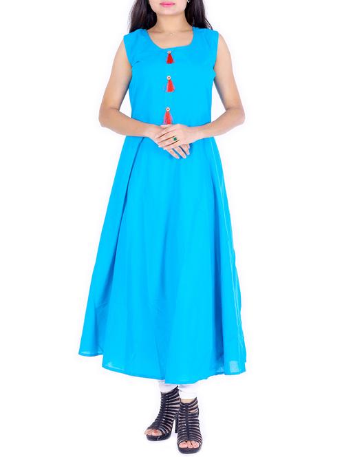 turquoise a-line kurta with tassels - 15699704 - Very Small Image - 1