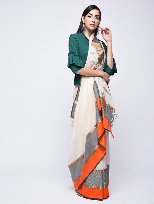 checkered zari border maheshwari saree with blouse - 15700036 - Very Small Image - 1