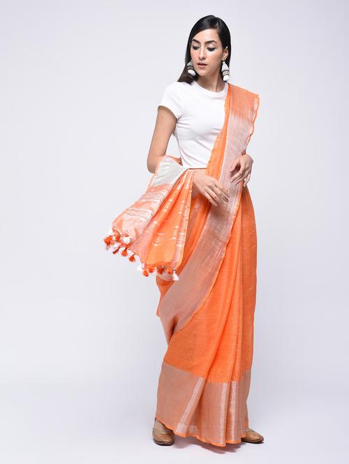 zari border linen orange handloom saree with blouse - 15700038 - Very Small Image - 1