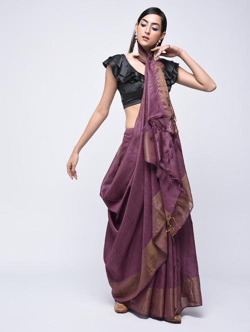 zari border purple tussar saree with blouse - 15700040 - Very Small Image - 1