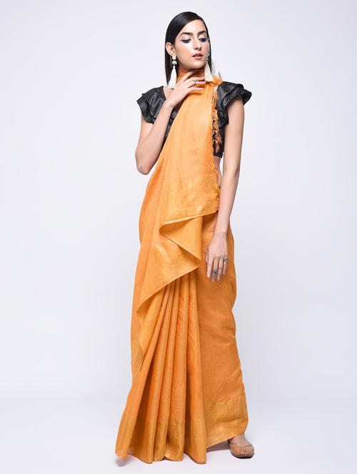 zari border orange tussar saree with blouse - 15700041 - Very Small Image - 1
