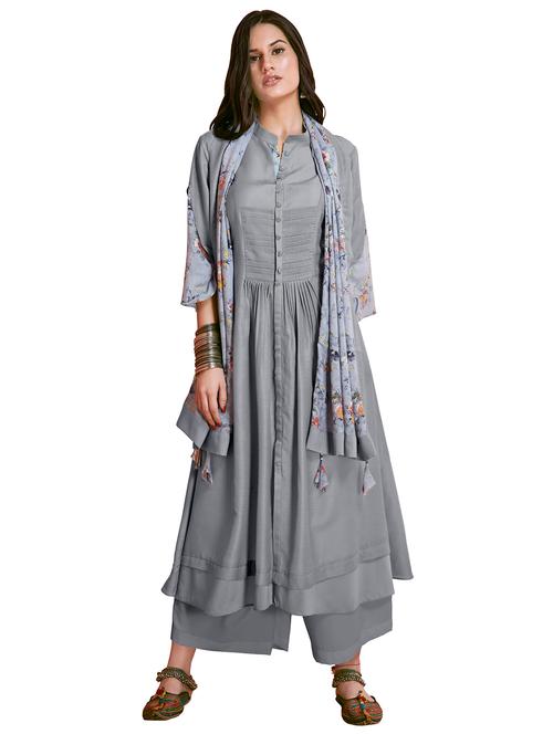 Pleated a-line kurta with tassels stole - 15700058 - Very Small Image - 1