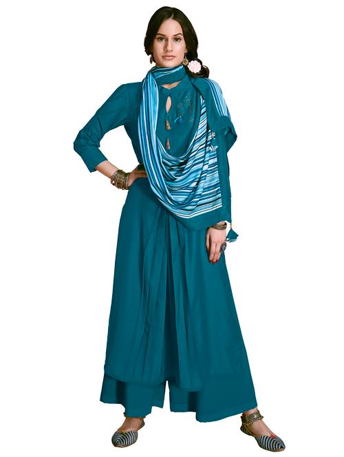 Teal Pleated a-line kurta with tassels stole - 15700061 - Very Small Image - 1